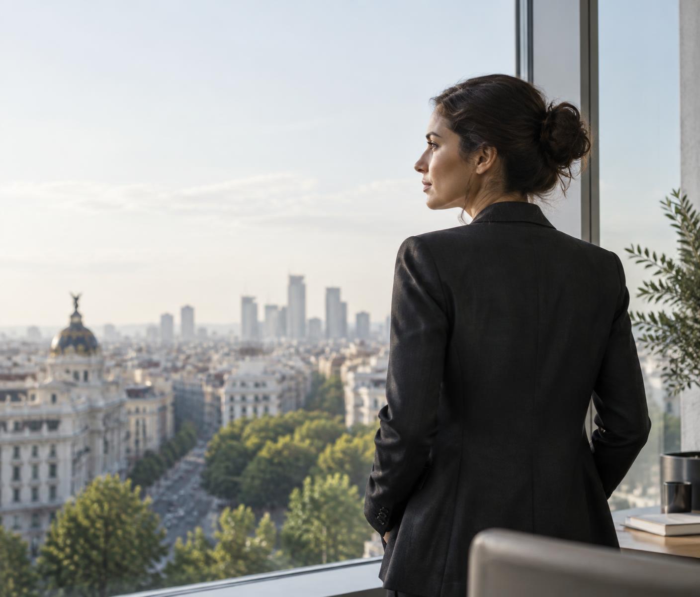 Profesional contemplando su futuro desde una oficina